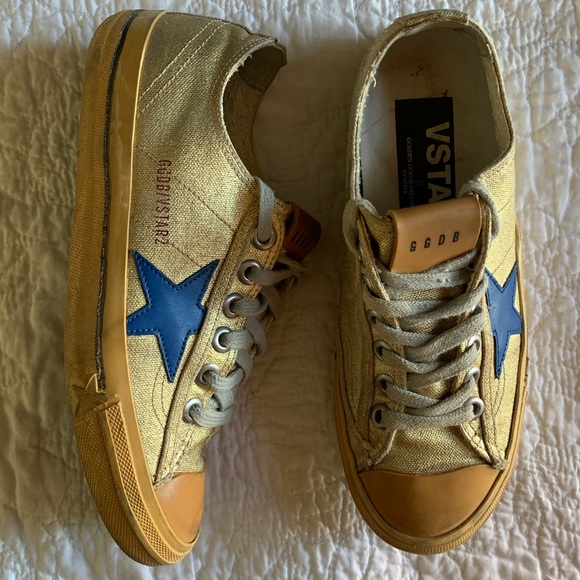 GOLDEN GOOSE FRESH VSTAR2 SNEAKERS FRESH GOLD BLUE LEATHER STAR SPRING SUMMER - Picture 1 of 9